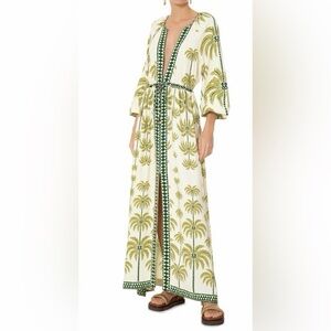 FARM Rio Cream Maxi Dress with Olive Palm Motif and Green Trim